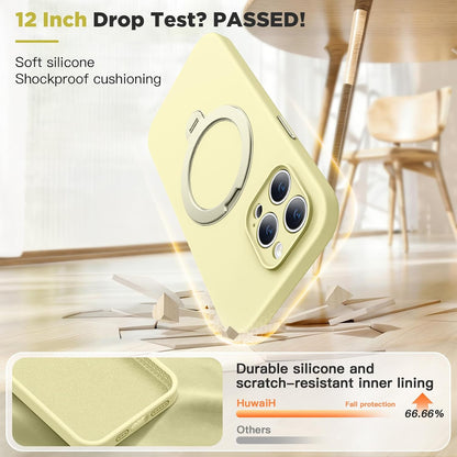 Silicone Case for iPhone 13 Pro Max Magnetic Ring Stand, Yellow | 360° Rotating Strong Holder, Military-Grade Shockproof Phone Case, Full Protection Hands-Free Video Calls Car Mount