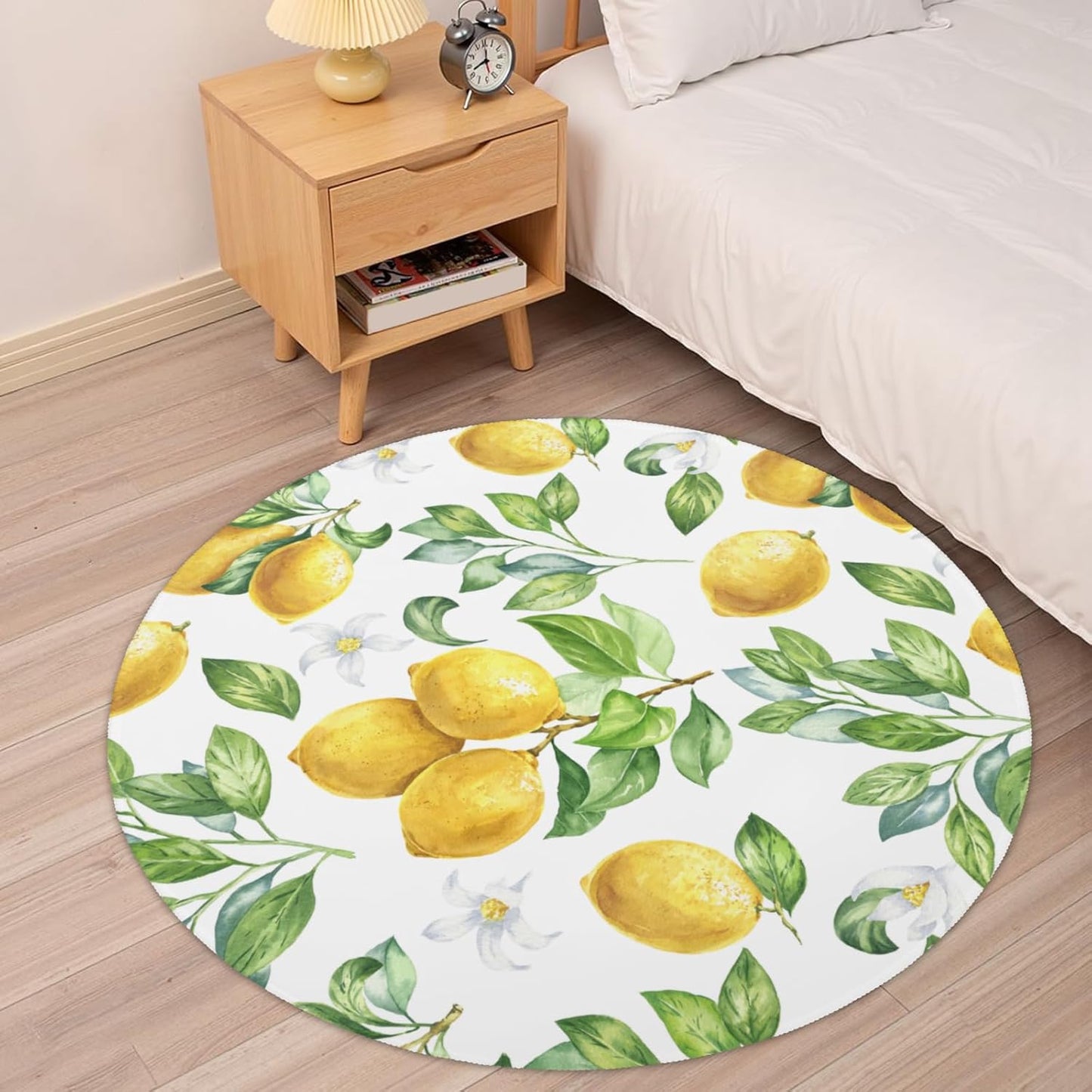 Yellow Lemon Round Washable Rug 5ft Non Slip Low Pile Carpet Fruit Circular Area Rug for Bedroom Bathroom Farmhouse Entryway