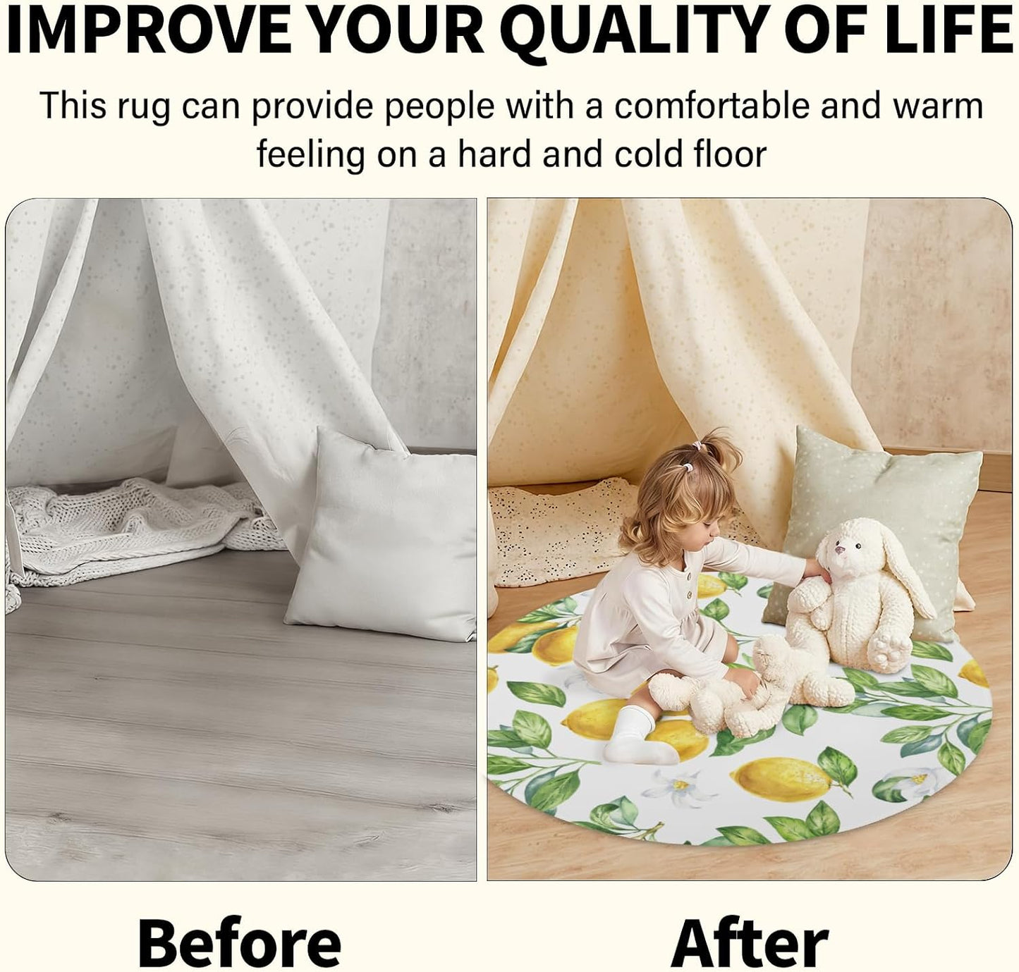 Yellow Lemon Round Washable Rug 5ft Non Slip Low Pile Carpet Fruit Circular Area Rug for Bedroom Bathroom Farmhouse Entryway