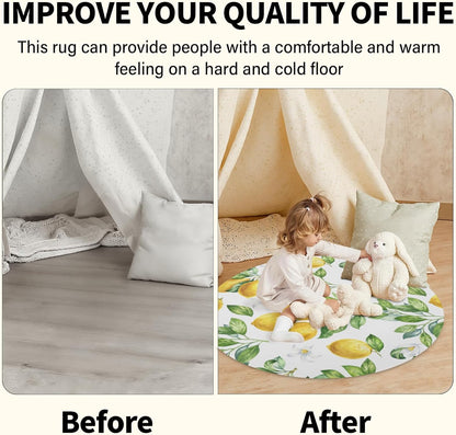 Yellow Lemon Round Washable Rug 5ft Non Slip Low Pile Carpet Fruit Circular Area Rug for Bedroom Bathroom Farmhouse Entryway