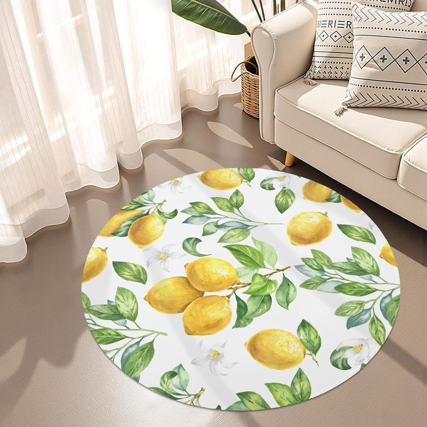 Yellow Lemon Round Washable Rug 5ft Non Slip Low Pile Carpet Fruit Circular Area Rug for Bedroom Bathroom Farmhouse Entryway