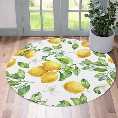 Yellow Lemon Round Washable Rug 5ft Non Slip Low Pile Carpet Fruit Circular Area Rug for Bedroom Bathroom Farmhouse Entryway