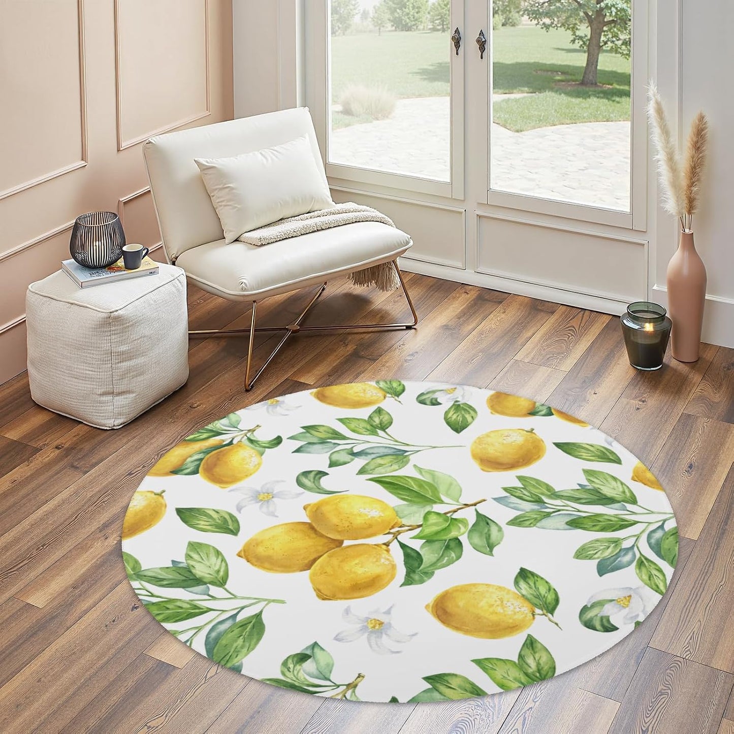 Yellow Lemon Round Washable Rug 5ft Non Slip Low Pile Carpet Fruit Circular Area Rug for Bedroom Bathroom Farmhouse Entryway
