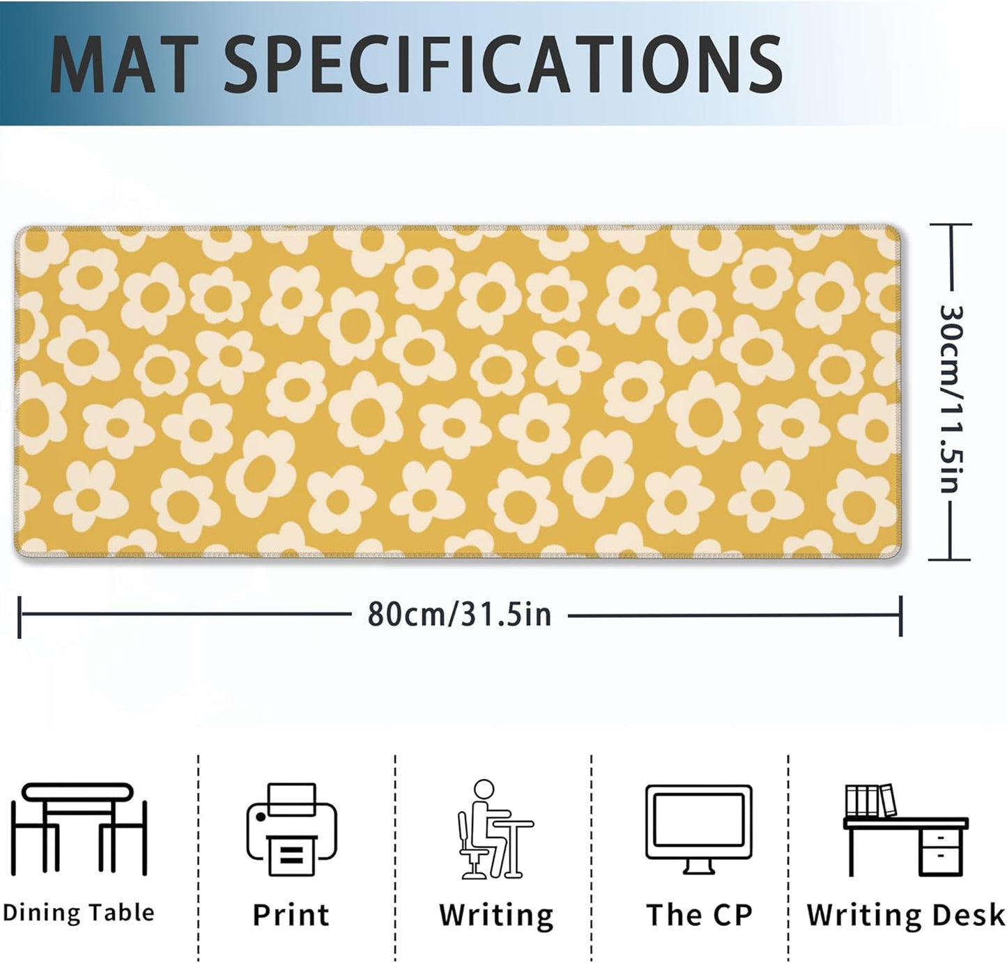 Desk Mat, Vintage Groovy Yellow Flowers Extended Gaming Mouse Pad Large, Big Desk Mat with Non-Slip Base and Stitched Edge, Long Computer Keyboard Mouse Mat for Home Office Work 31.5"x11.8"