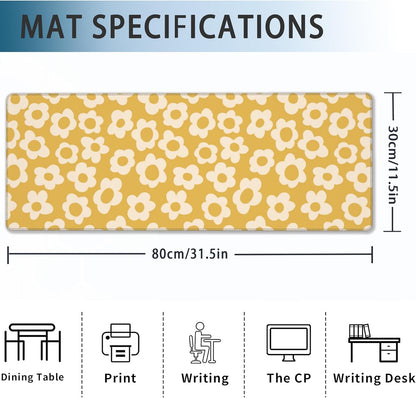 Desk Mat, Vintage Groovy Yellow Flowers Extended Gaming Mouse Pad Large, Big Desk Mat with Non-Slip Base and Stitched Edge, Long Computer Keyboard Mouse Mat for Home Office Work 31.5"x11.8"