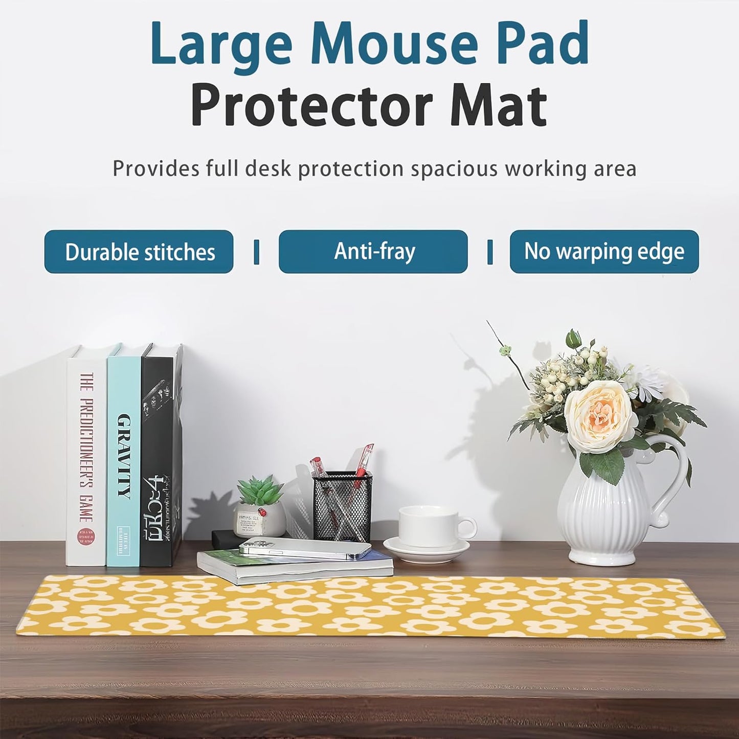 Desk Mat, Vintage Groovy Yellow Flowers Extended Gaming Mouse Pad Large, Big Desk Mat with Non-Slip Base and Stitched Edge, Long Computer Keyboard Mouse Mat for Home Office Work 31.5"x11.8"