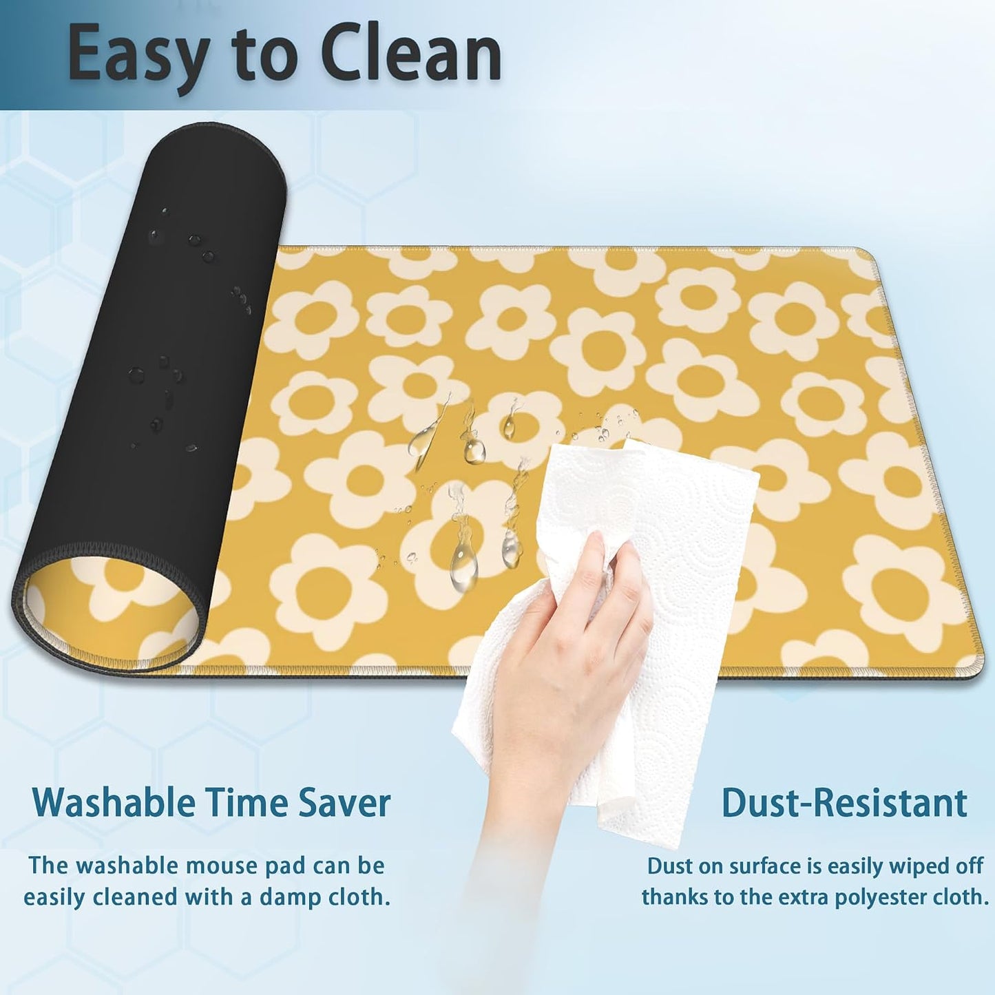 Desk Mat, Vintage Groovy Yellow Flowers Extended Gaming Mouse Pad Large, Big Desk Mat with Non-Slip Base and Stitched Edge, Long Computer Keyboard Mouse Mat for Home Office Work 31.5"x11.8"