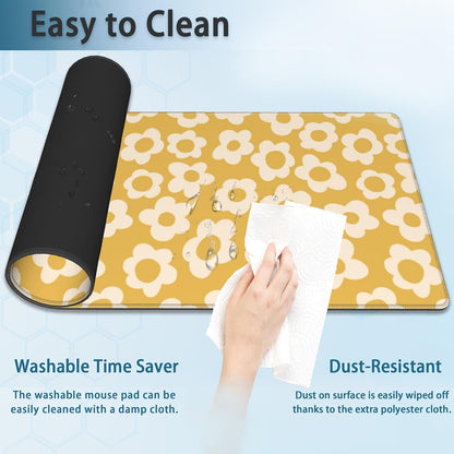 Desk Mat, Vintage Groovy Yellow Flowers Extended Gaming Mouse Pad Large, Big Desk Mat with Non-Slip Base and Stitched Edge, Long Computer Keyboard Mouse Mat for Home Office Work 31.5"x11.8"