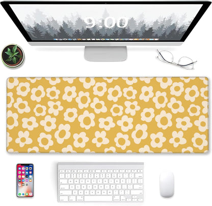 Desk Mat, Vintage Groovy Yellow Flowers Extended Gaming Mouse Pad Large, Big Desk Mat with Non-Slip Base and Stitched Edge, Long Computer Keyboard Mouse Mat for Home Office Work 31.5"x11.8"