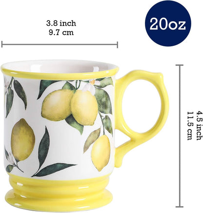 Lemon Dreams Ceramic Coffee Mugs Set of 4, 20 oz Large Tea Cups with Handle, Aesthetic Latte Mugs for Cappuccino Cocoa, Lead-Free, Dishwasher and Microwave Safe, Housewarming Gift