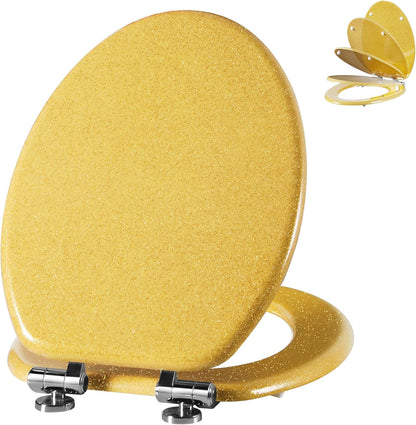 Glitter Toilet Seat Molded Wood Elongated Toilet Seat with Quietly Close and Quick Release Hinges, Easy to Clean also Easy to Install (Elongated 18.5'', Yellow)