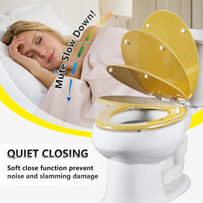 Glitter Toilet Seat Molded Wood Elongated Toilet Seat with Quietly Close and Quick Release Hinges, Easy to Clean also Easy to Install (Elongated 18.5'', Yellow)