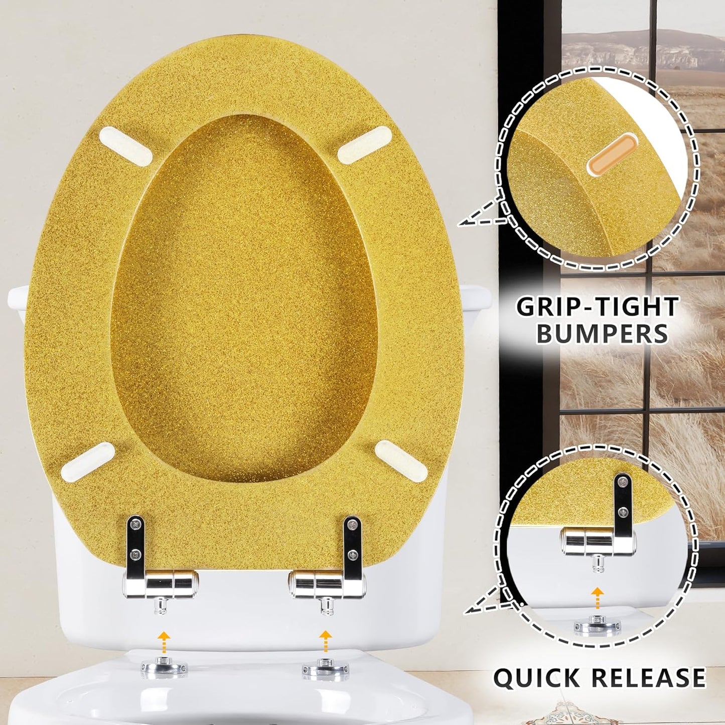 Glitter Toilet Seat Molded Wood Elongated Toilet Seat with Quietly Close and Quick Release Hinges, Easy to Clean also Easy to Install (Elongated 18.5'', Yellow)