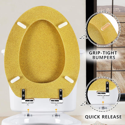 Glitter Toilet Seat Molded Wood Elongated Toilet Seat with Quietly Close and Quick Release Hinges, Easy to Clean also Easy to Install (Elongated 18.5'', Yellow)