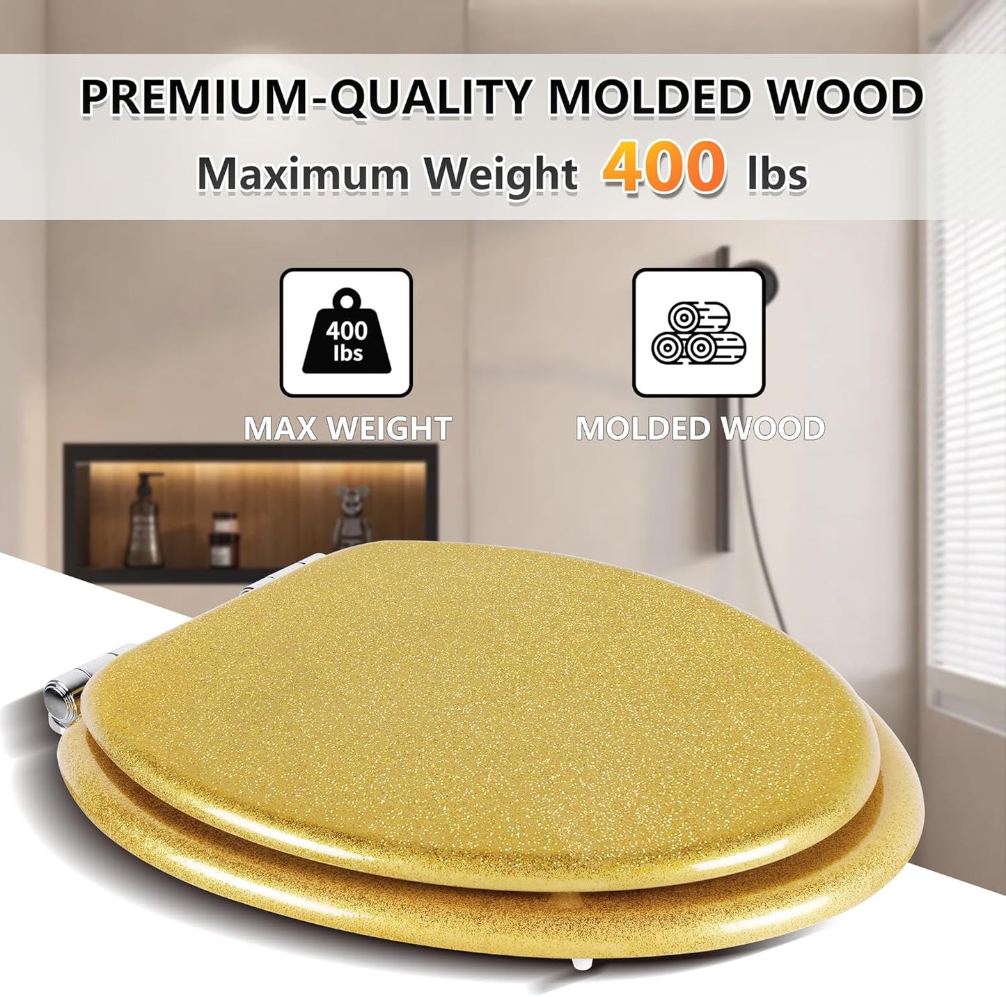 Glitter Toilet Seat Molded Wood Elongated Toilet Seat with Quietly Close and Quick Release Hinges, Easy to Clean also Easy to Install (Elongated 18.5'', Yellow)