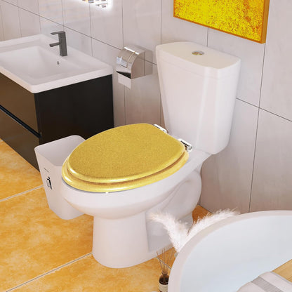 Glitter Toilet Seat Molded Wood Elongated Toilet Seat with Quietly Close and Quick Release Hinges, Easy to Clean also Easy to Install (Elongated 18.5'', Yellow)