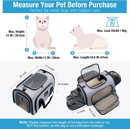 Pet Carrier Airline Approved, 4 Sides Expandable Cat Carrier Bag with Removable Fleece Pad, Large Soft Sided Pet Travel Carrier, Dog Carrier for Cats, Puppy and Small Dogs