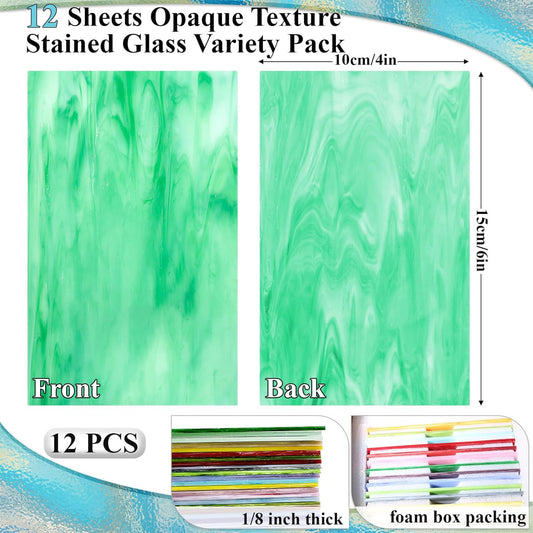 12 Sheets Opaque Stained Glass Variety Pack, 4 x 6 Inch Assorted Colors | Rich Opaque Colors, Cathedral Art Glass Sheets for Mosaics, Stained Glass Art, Window Decor and DIY Craft Projects