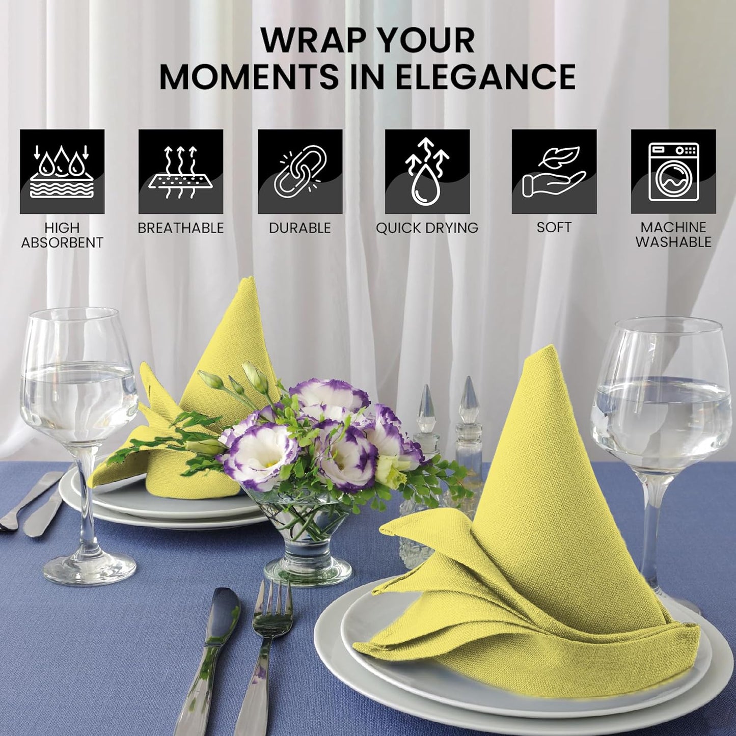 Cloth Napkins Set of 12 100% Cotton Everyday Reusable Square Napkins Cloth Washable, Dinner, Party, Wedding, Restaurant, Kitchen, Hotel (Lemon Yellow, 18'' X 18'')