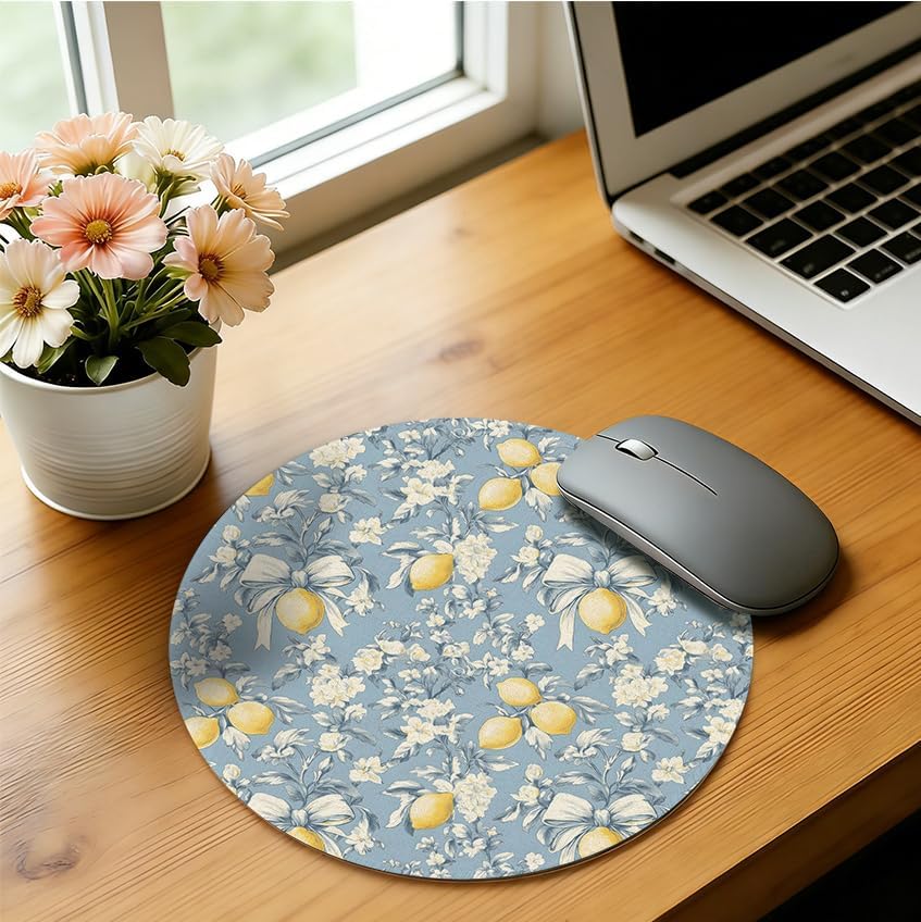 Vintage Lemon Bow Mouse Pad,Aesthetic Mouse Pad,Vintage Coquette Bule Bow Themed Mousepad for Computers Laptop Desk Home Office,7.9x7.9Inch