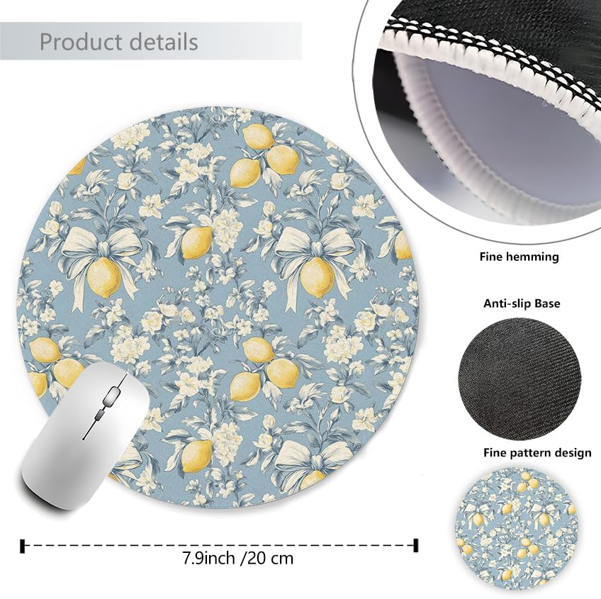 Vintage Lemon Bow Mouse Pad,Aesthetic Mouse Pad,Vintage Coquette Bule Bow Themed Mousepad for Computers Laptop Desk Home Office,7.9x7.9Inch