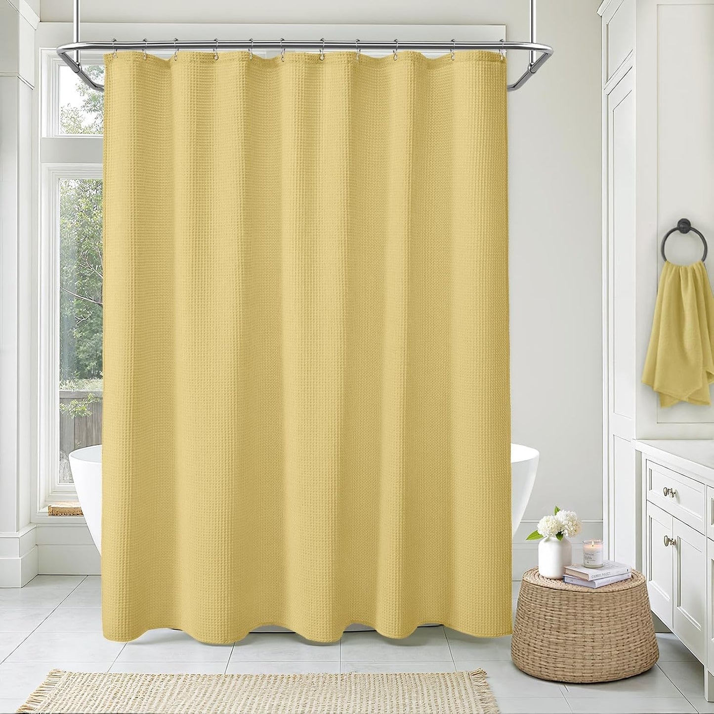 Waffle Weave Shower Curtain - Yellow Cotton Fabric Texture Heavyweight Shower Curtain for Bathroom,Washable,72Wx72L
