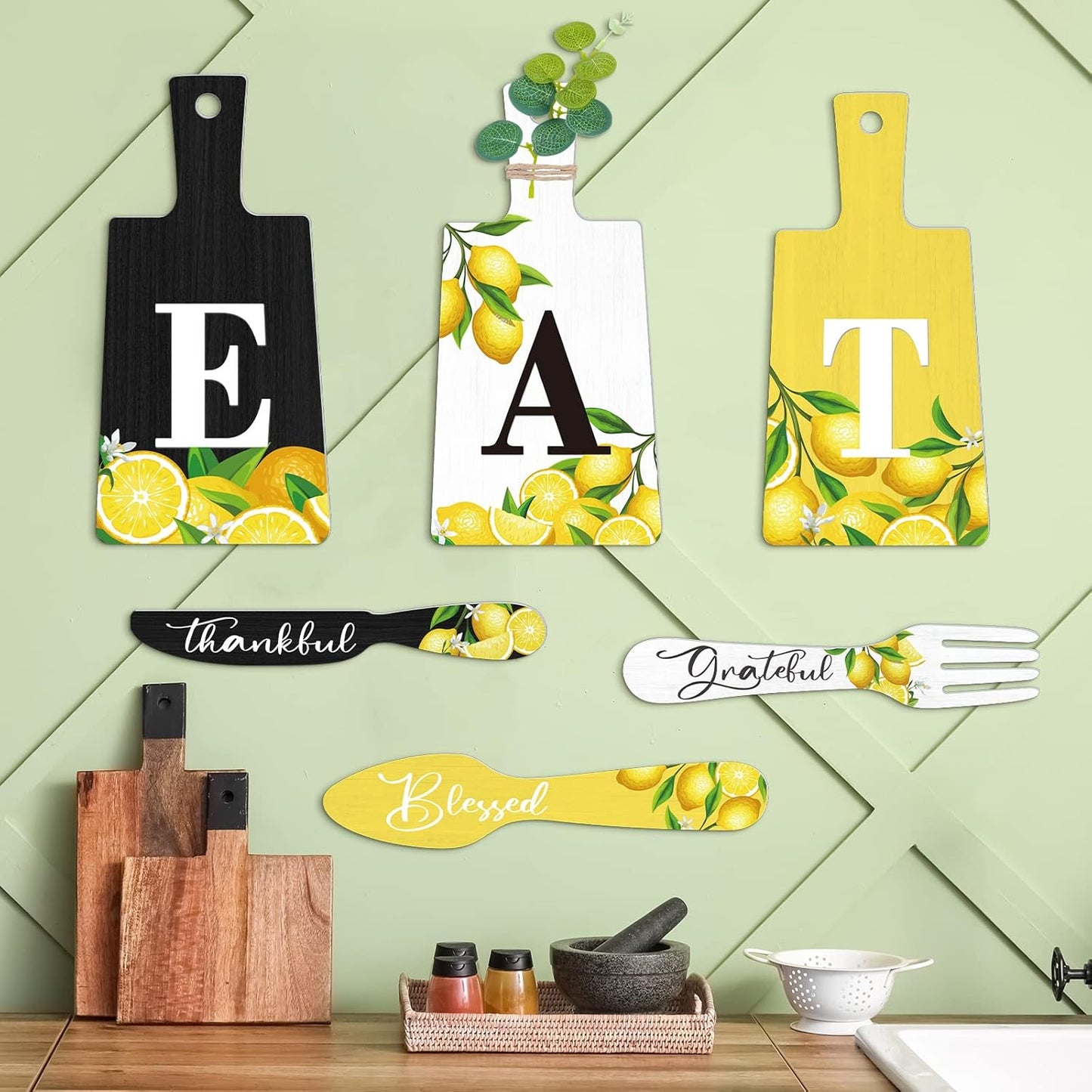 6 Pcs Lemon Wall Decor for Kitchen Lemon Cutting Board Eat Sign Set Fall Hanging Art Kitchen Eat Sign Accessories Knife Fork Spoon Decoration Rustic Primitive Farmhouse(Black, White, Yellow)