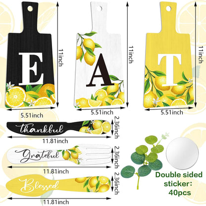 6 Pcs Lemon Wall Decor for Kitchen Lemon Cutting Board Eat Sign Set Fall Hanging Art Kitchen Eat Sign Accessories Knife Fork Spoon Decoration Rustic Primitive Farmhouse(Black, White, Yellow)