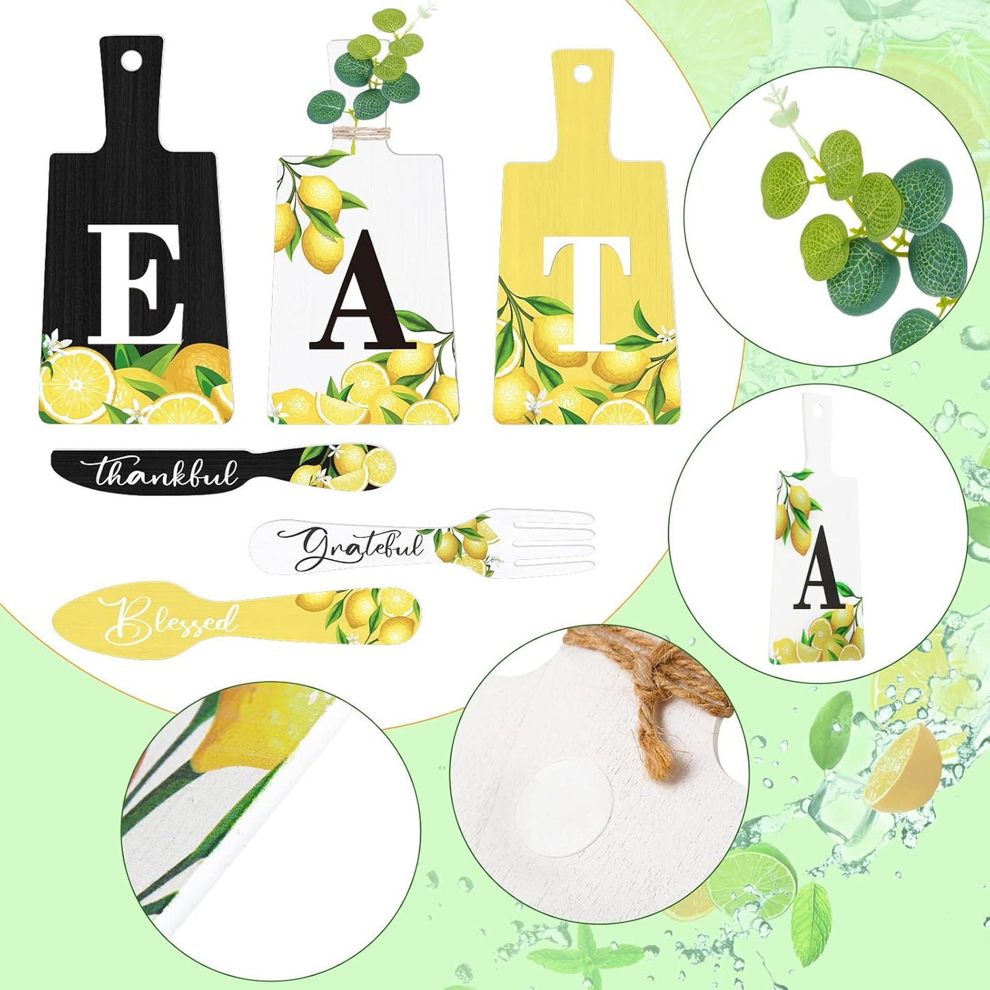 6 Pcs Lemon Wall Decor for Kitchen Lemon Cutting Board Eat Sign Set Fall Hanging Art Kitchen Eat Sign Accessories Knife Fork Spoon Decoration Rustic Primitive Farmhouse(Black, White, Yellow)