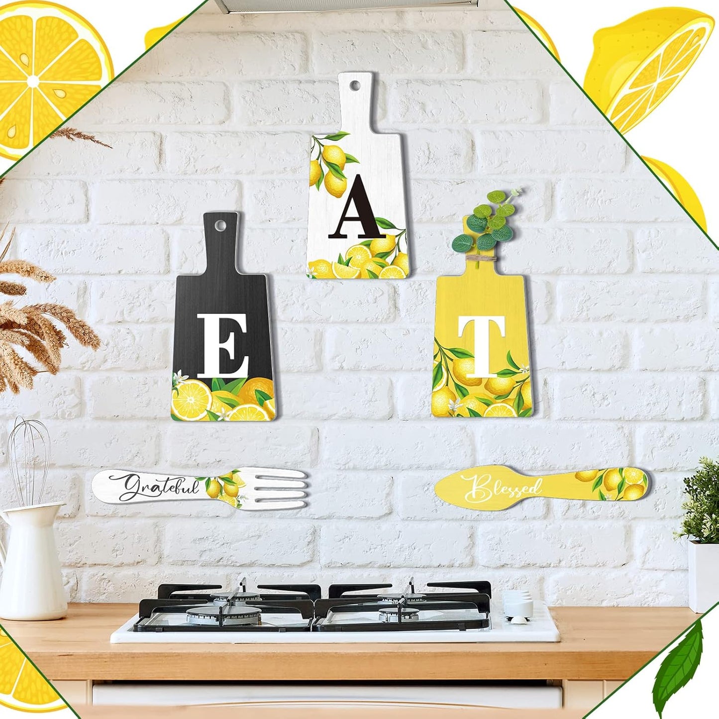 6 Pcs Lemon Wall Decor for Kitchen Lemon Cutting Board Eat Sign Set Fall Hanging Art Kitchen Eat Sign Accessories Knife Fork Spoon Decoration Rustic Primitive Farmhouse(Black, White, Yellow)