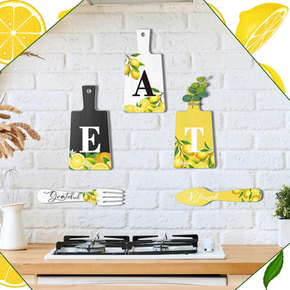 6 Pcs Lemon Wall Decor for Kitchen Lemon Cutting Board Eat Sign Set Fall Hanging Art Kitchen Eat Sign Accessories Knife Fork Spoon Decoration Rustic Primitive Farmhouse(Black, White, Yellow)