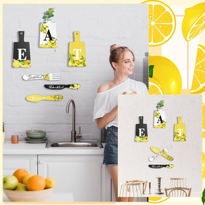 6 Pcs Lemon Wall Decor for Kitchen Lemon Cutting Board Eat Sign Set Fall Hanging Art Kitchen Eat Sign Accessories Knife Fork Spoon Decoration Rustic Primitive Farmhouse(Black, White, Yellow)