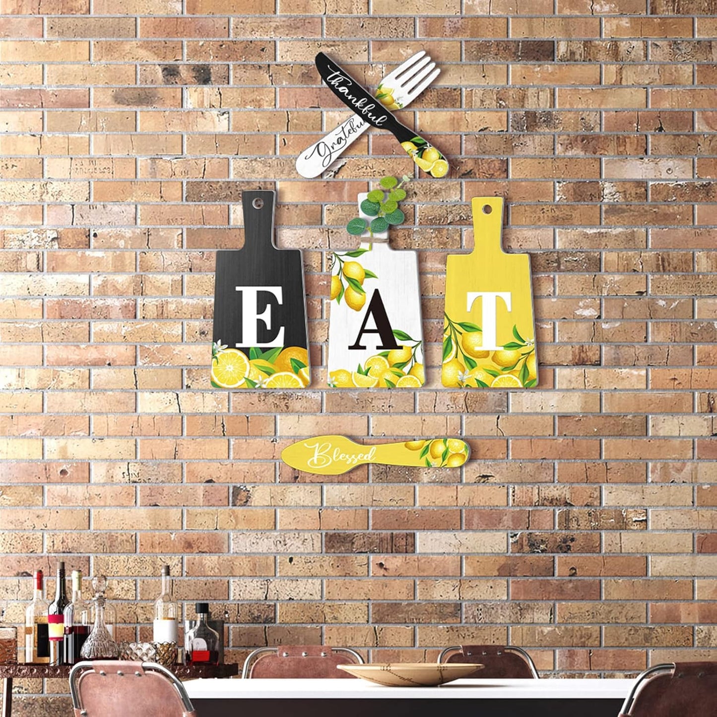 6 Pcs Lemon Wall Decor for Kitchen Lemon Cutting Board Eat Sign Set Fall Hanging Art Kitchen Eat Sign Accessories Knife Fork Spoon Decoration Rustic Primitive Farmhouse(Black, White, Yellow)