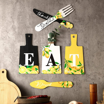6 Pcs Lemon Wall Decor for Kitchen Lemon Cutting Board Eat Sign Set Fall Hanging Art Kitchen Eat Sign Accessories Knife Fork Spoon Decoration Rustic Primitive Farmhouse(Black, White, Yellow)