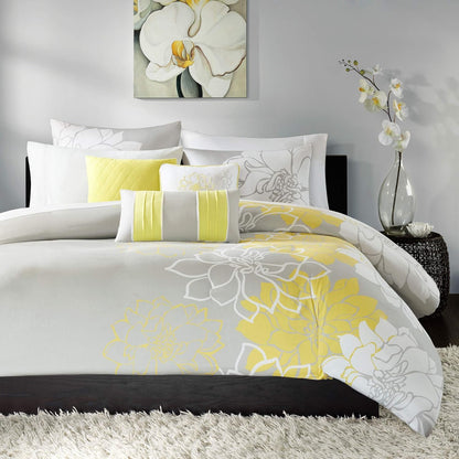 Lola 100% Cotton Duvet Set Beautiful Floral Pattern, Ruffle Border Design All Season, Breathable Comforter Cover Bedding, Matching Shams, Full/Queen(90"x90"), Yellow/Grey 6 Piece