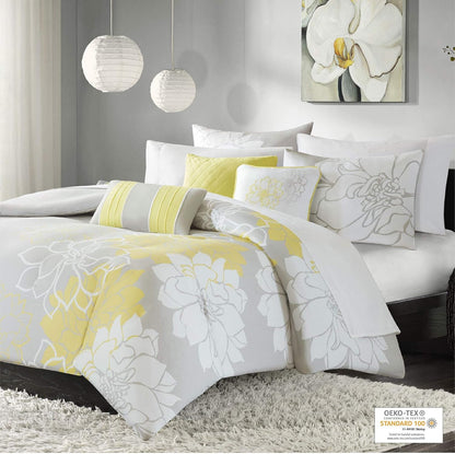 Lola 100% Cotton Duvet Set Beautiful Floral Pattern, Ruffle Border Design All Season, Breathable Comforter Cover Bedding, Matching Shams, Full/Queen(90"x90"), Yellow/Grey 6 Piece