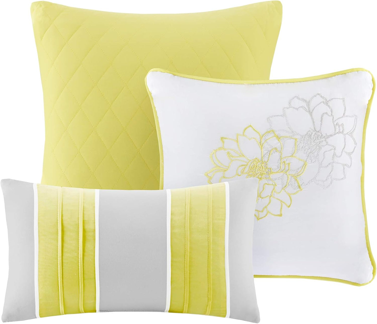 Lola 100% Cotton Duvet Set Beautiful Floral Pattern, Ruffle Border Design All Season, Breathable Comforter Cover Bedding, Matching Shams, Full/Queen(90"x90"), Yellow/Grey 6 Piece