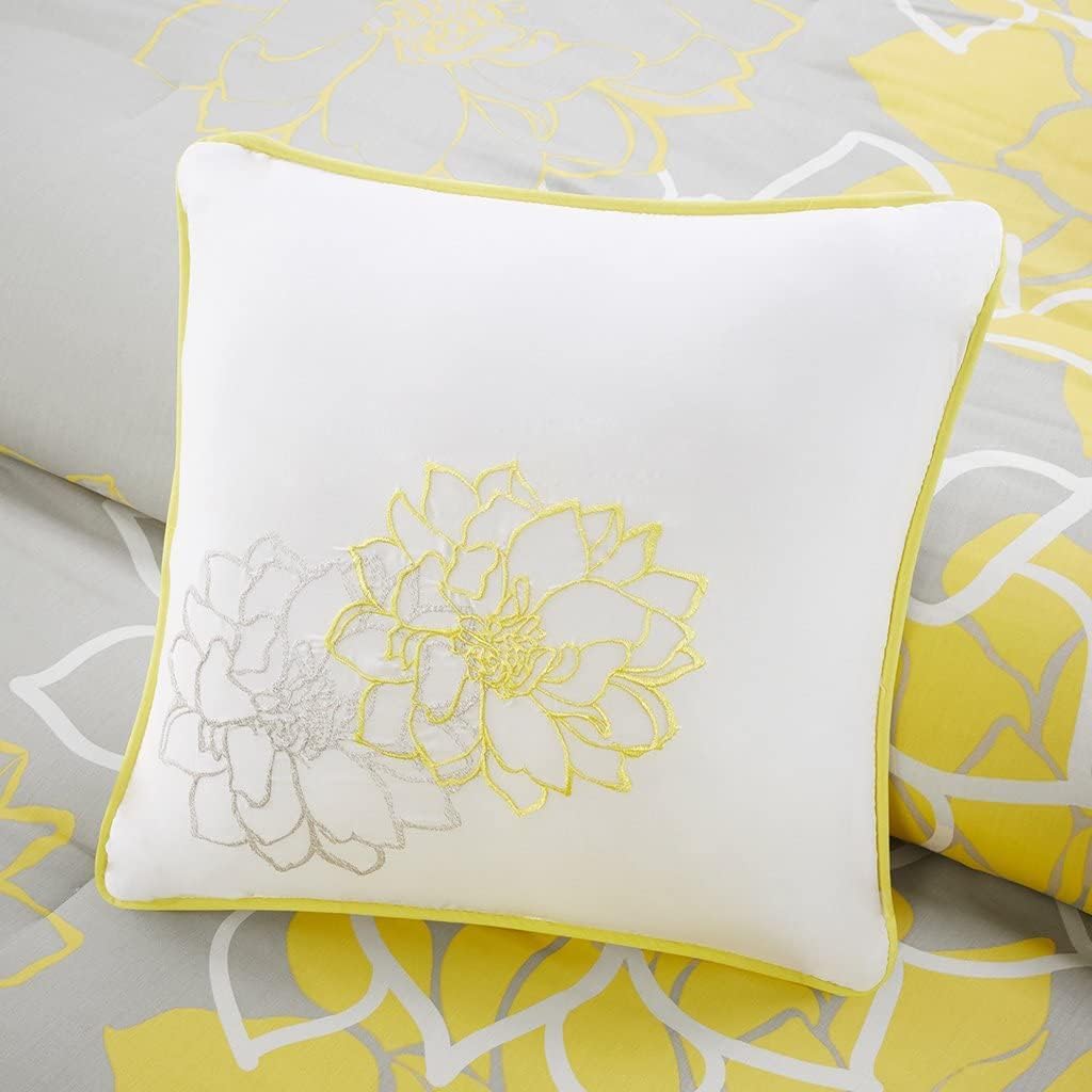 Lola 100% Cotton Duvet Set Beautiful Floral Pattern, Ruffle Border Design All Season, Breathable Comforter Cover Bedding, Matching Shams, Full/Queen(90"x90"), Yellow/Grey 6 Piece
