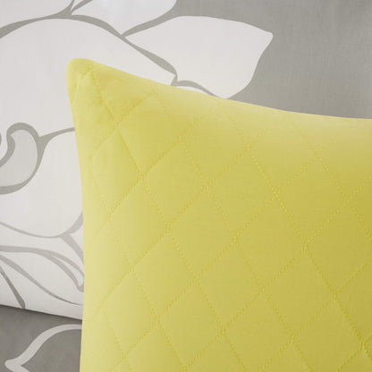 Lola 100% Cotton Duvet Set Beautiful Floral Pattern, Ruffle Border Design All Season, Breathable Comforter Cover Bedding, Matching Shams, Full/Queen(90"x90"), Yellow/Grey 6 Piece