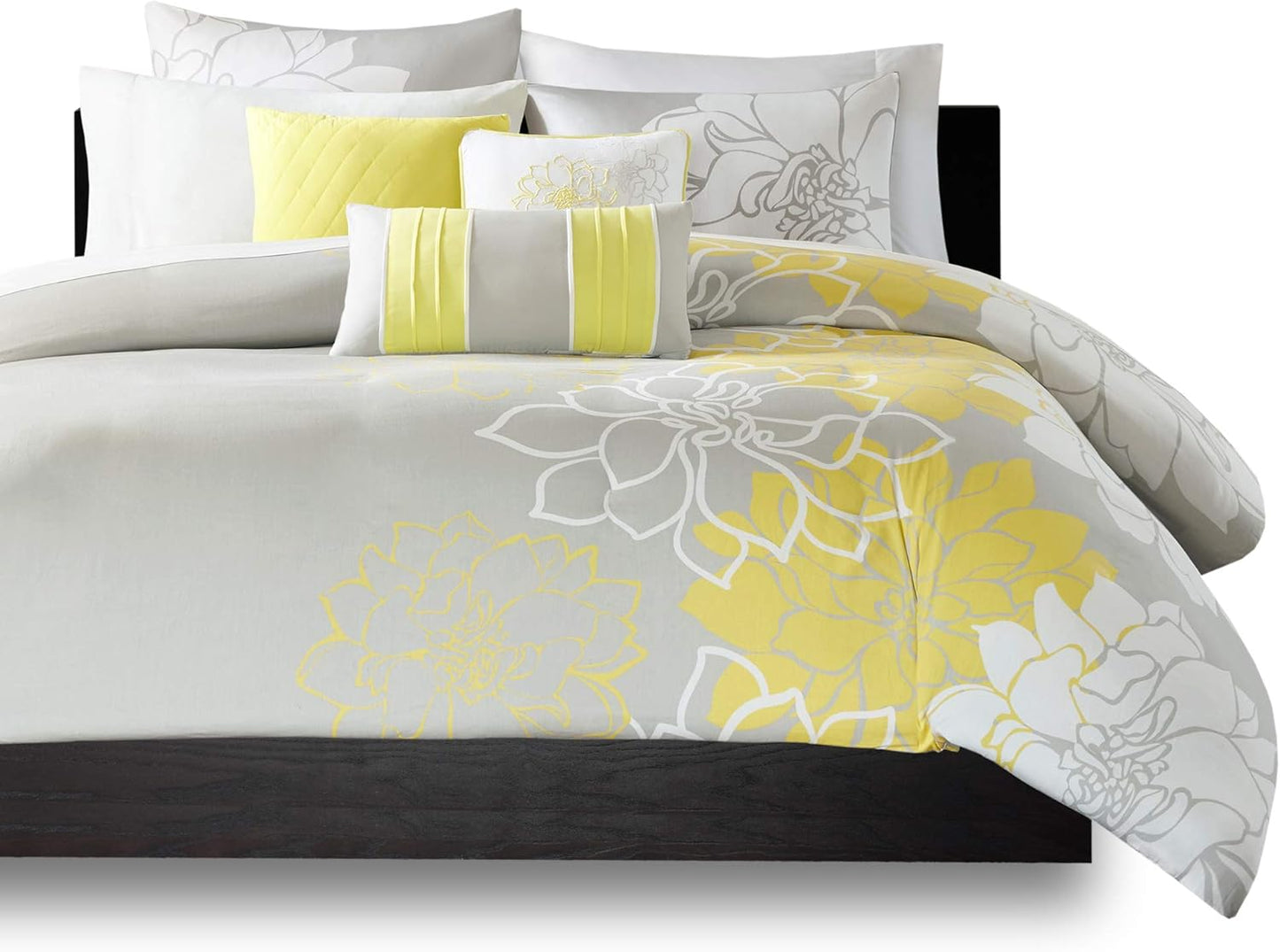 Lola 100% Cotton Duvet Set Beautiful Floral Pattern, Ruffle Border Design All Season, Breathable Comforter Cover Bedding, Matching Shams, Full/Queen(90"x90"), Yellow/Grey 6 Piece