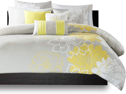 Lola 100% Cotton Duvet Set Beautiful Floral Pattern, Ruffle Border Design All Season, Breathable Comforter Cover Bedding, Matching Shams, Full/Queen(90"x90"), Yellow/Grey 6 Piece