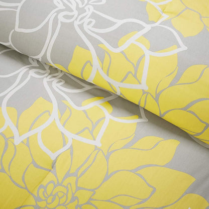 Lola 100% Cotton Duvet Set Beautiful Floral Pattern, Ruffle Border Design All Season, Breathable Comforter Cover Bedding, Matching Shams, Full/Queen(90"x90"), Yellow/Grey 6 Piece