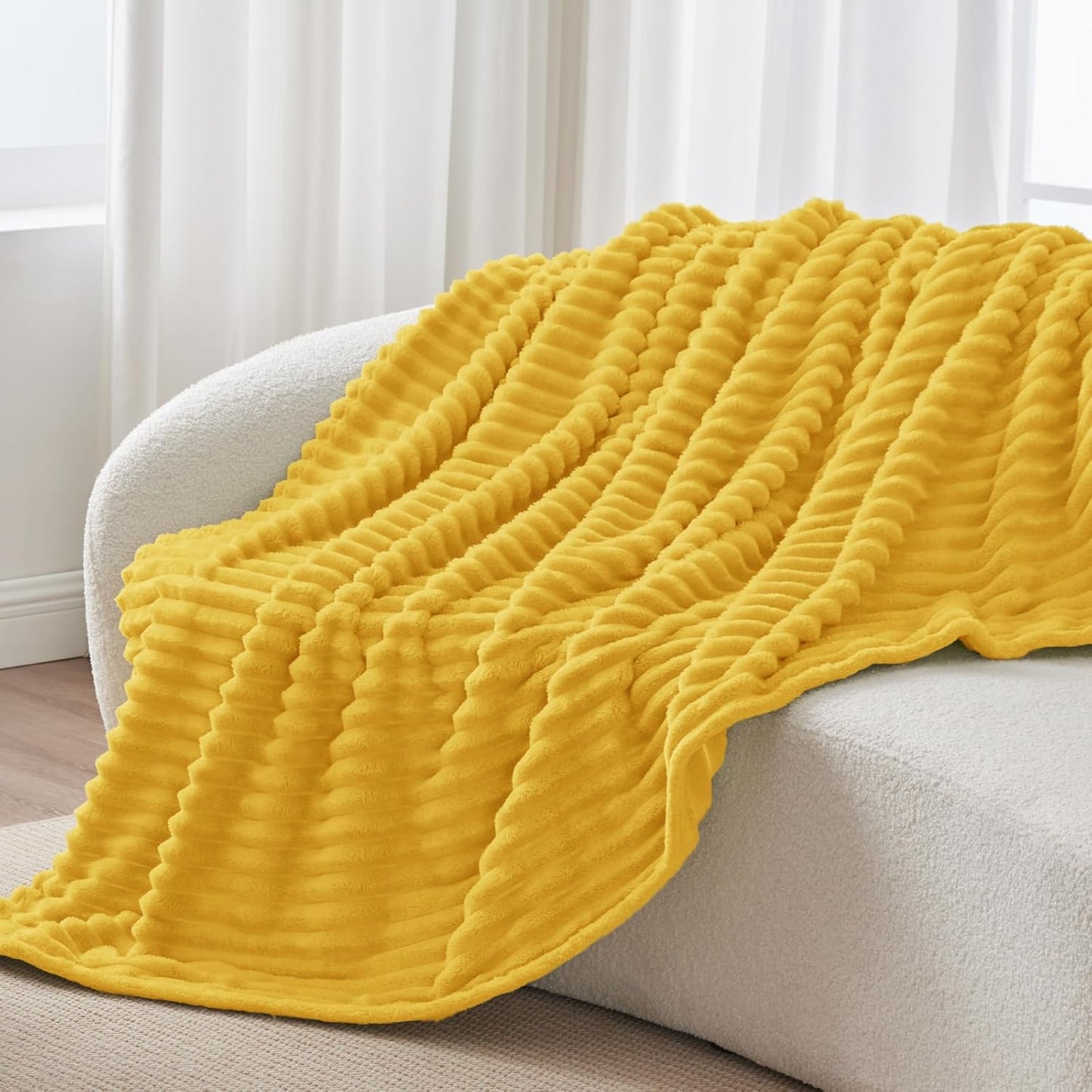 Ribbed Twin Blanket for Couch & Bed, Light Yellow, 60"x80" | Ultra-Soft Plush Fleece, Cozy, Warm Yet Lightweight, Ribbed Texture, Home Decor, Machine Washable, Giftable, All-Season Use