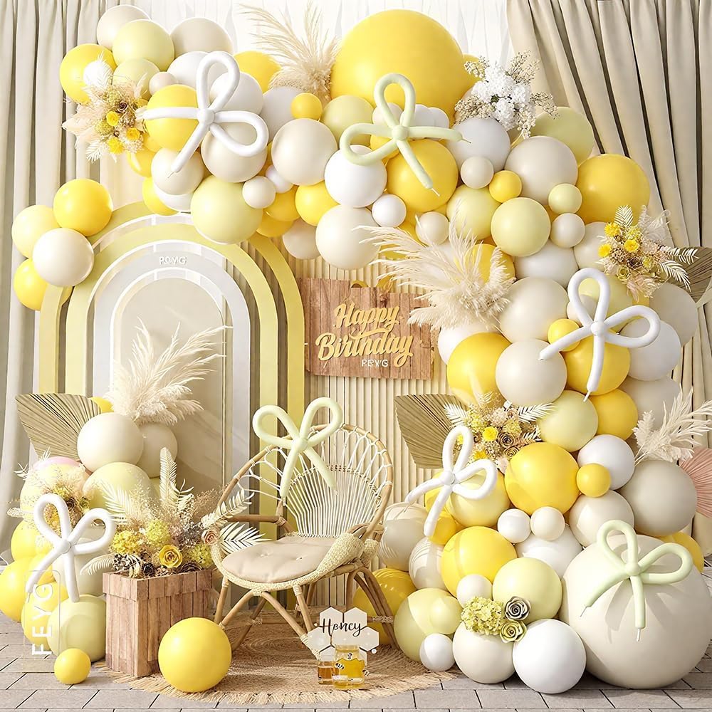 Mustard Yellow Bow Balloon Arch Kit, Sand White Pastel Yellow Balloon Garland Kit, Yellow White Latex Party Balloons for Bee Birthday Wedding Baby Shower Gender Reveal Boho Bee Party Decoration