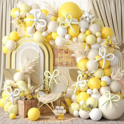 Mustard Yellow Bow Balloon Arch Kit, Sand White Pastel Yellow Balloon Garland Kit, Yellow White Latex Party Balloons for Bee Birthday Wedding Baby Shower Gender Reveal Boho Bee Party Decoration