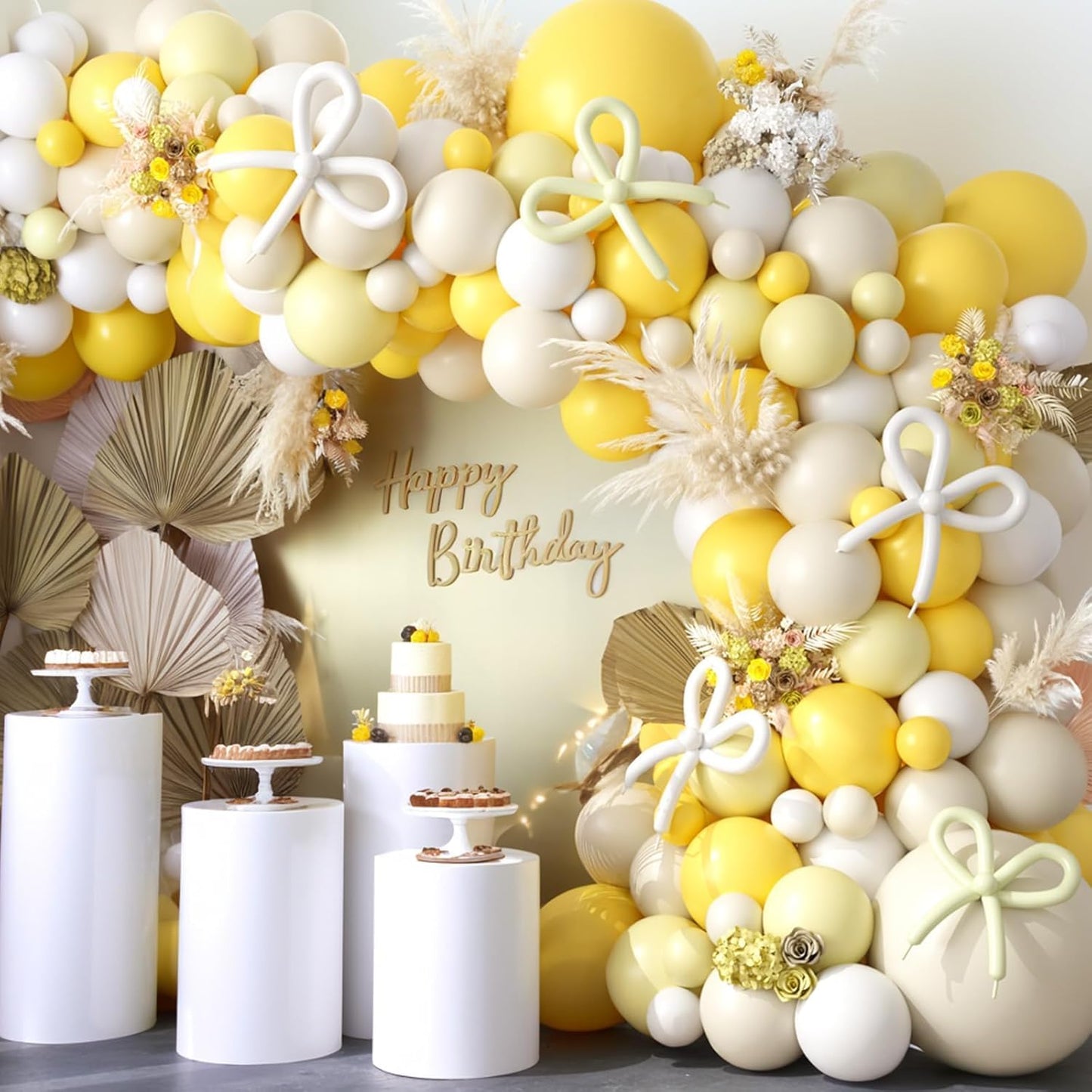 Mustard Yellow Bow Balloon Arch Kit, Sand White Pastel Yellow Balloon Garland Kit, Yellow White Latex Party Balloons for Bee Birthday Wedding Baby Shower Gender Reveal Boho Bee Party Decoration
