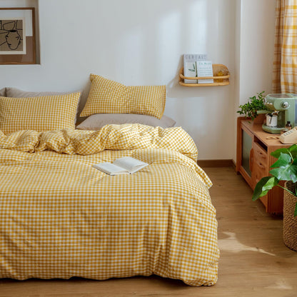 Yellow Gingham Comforter Set Twin XL, Plaid Comforter Set 3 Pieces 1 Yellow Grid Comfoter with 2 Pillow Cases for All Seasons, Soft Fluffy Modern Grid Pattern Printed Bedding-Twin XL Size