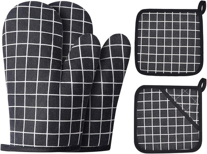 Oven Mitts and Potholders BBQ Gloves-Oven Mitts and Pot Holders with Recycled Infill Silicone Non-Slip Cooking Gloves for Cooking Baking Grilling (4-Piece Set,Yellow)