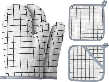 Oven Mitts and Potholders BBQ Gloves-Oven Mitts and Pot Holders with Recycled Infill Silicone Non-Slip Cooking Gloves for Cooking Baking Grilling (4-Piece Set,Yellow)