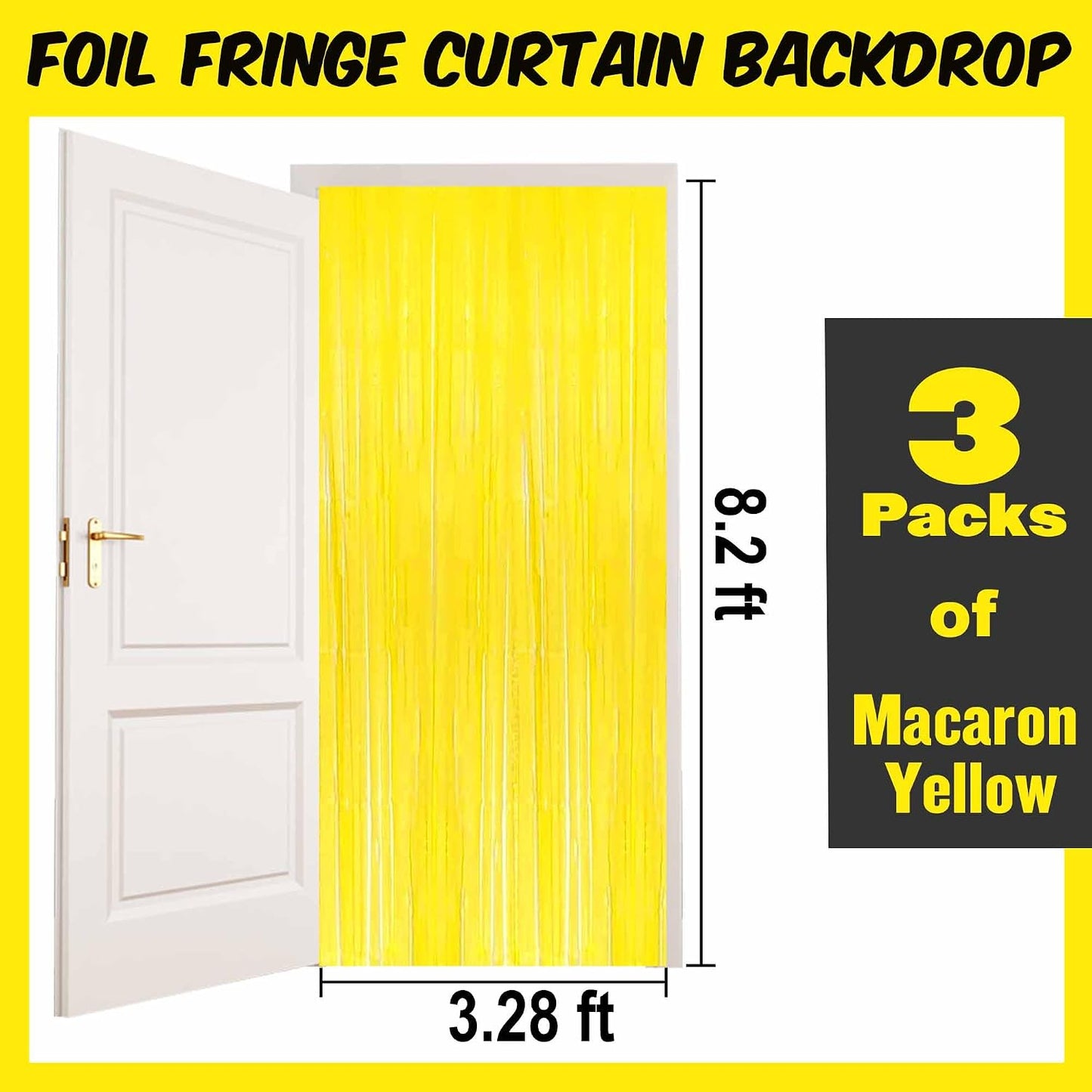 3 Pack Macaron Yellow Foil Fringe Curtains Backdrop, 3.28 x 8.2 Ft Metallic Streamers Tinsel Curtains Background for Photo Booth, Birthday, Halloween, Christmas, New Year Party Decorations